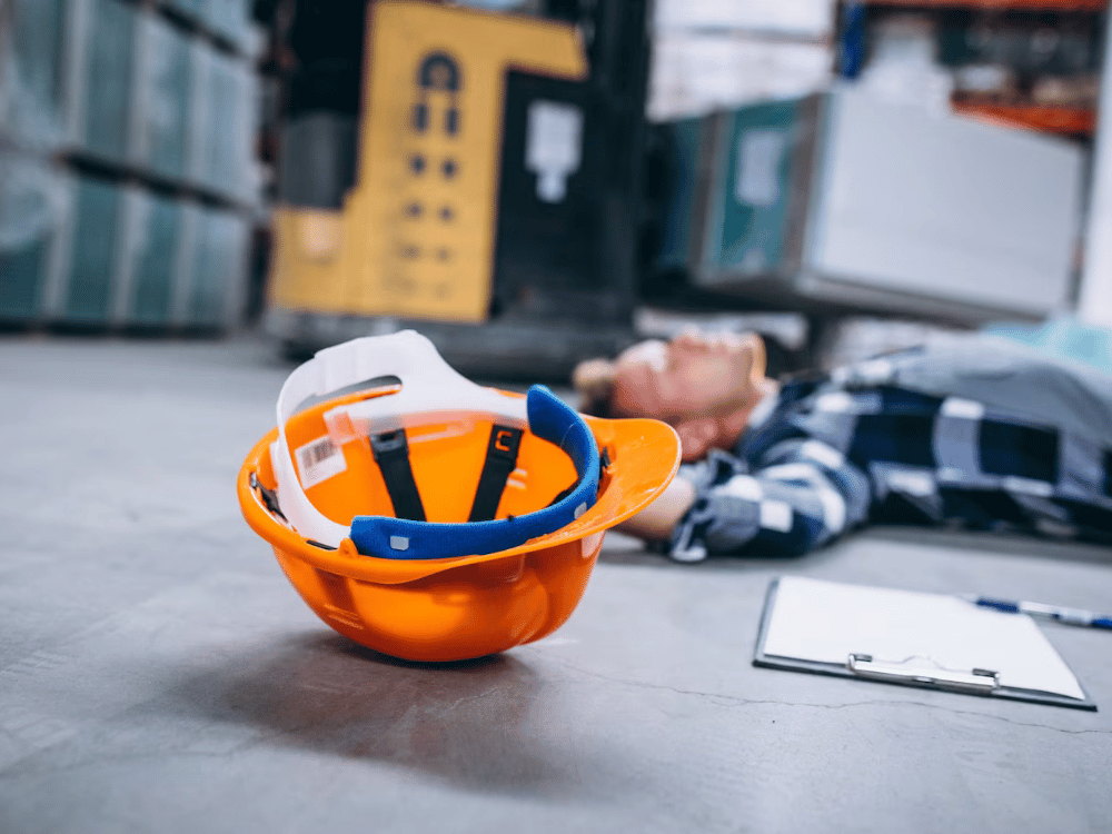 An orange safety helmet lying on the ground with an unconscious worker in the background.