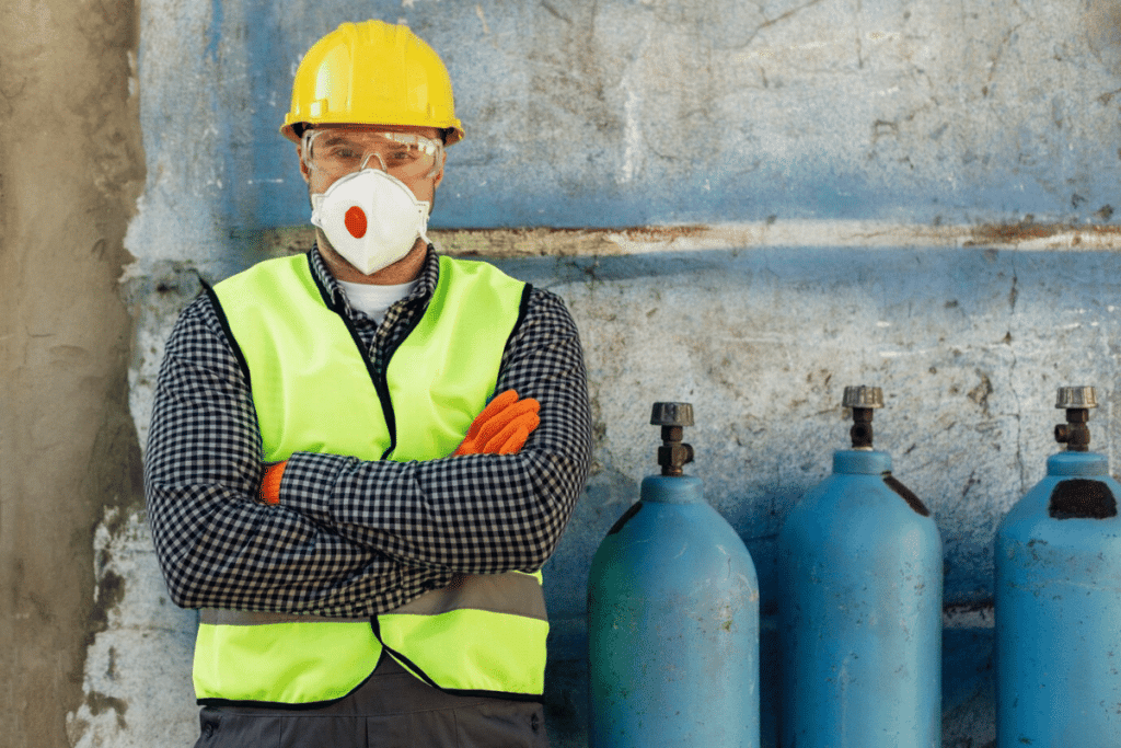 A person in a yellow vest and safety helmet standing in front of some oxygen cylinders.