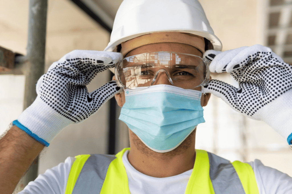 Man is wearing protective googles and hard hat.