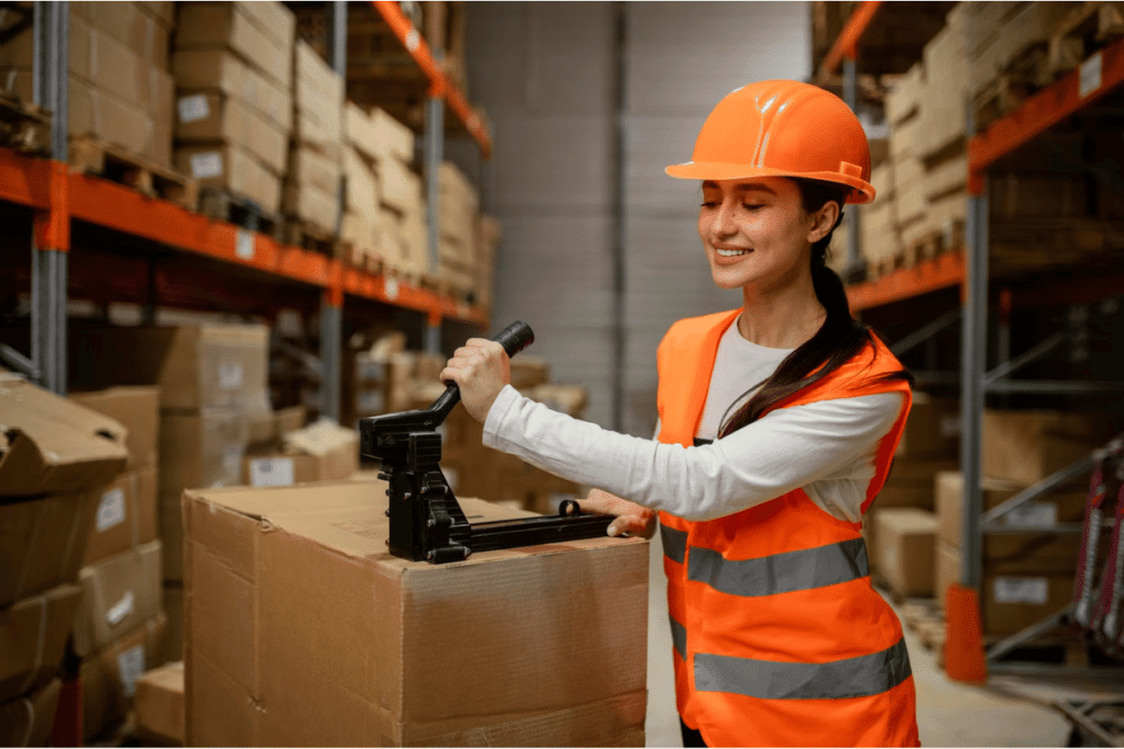 A person in an orange vest and hard hat working in a warehouse.