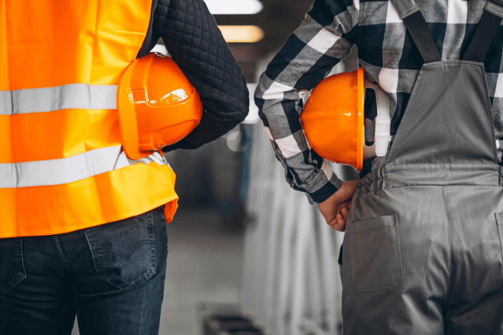 Two construction workers standing next to each other.