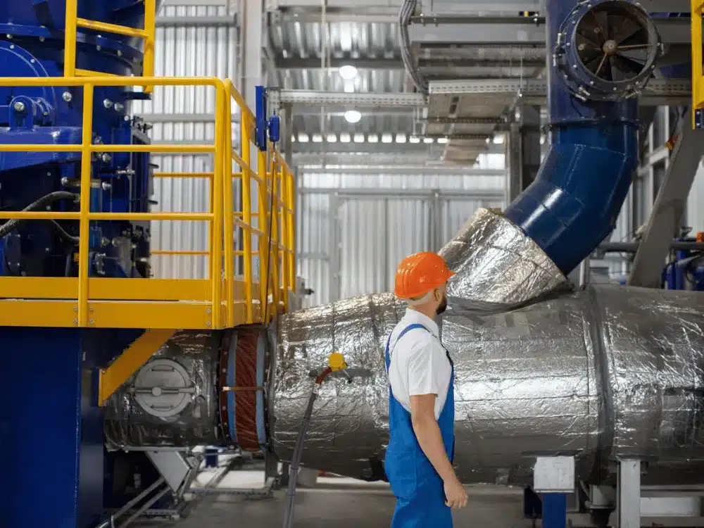 Technician in blue overalls observing heavy ductwork.