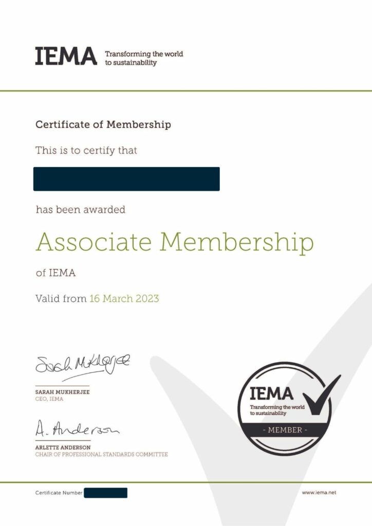 AIEMA and IEMA Foundation Example Digital and Printed Certificate
