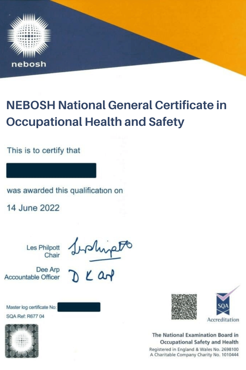 An example of an awarded NEBOSH National General Certificate