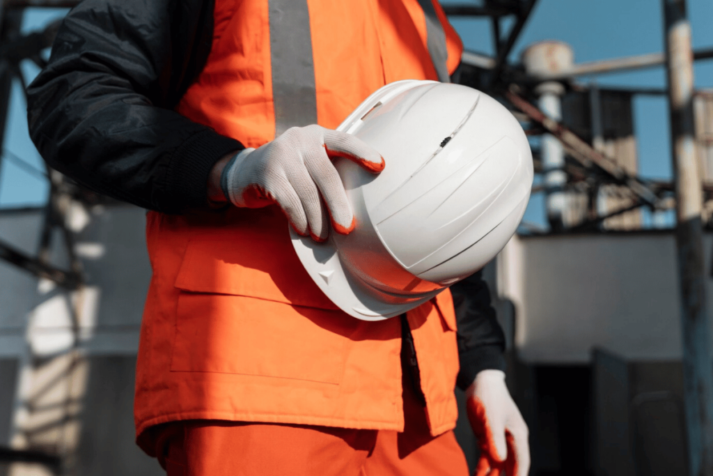 A person in an orange vest and hard hat holding a white helmet.