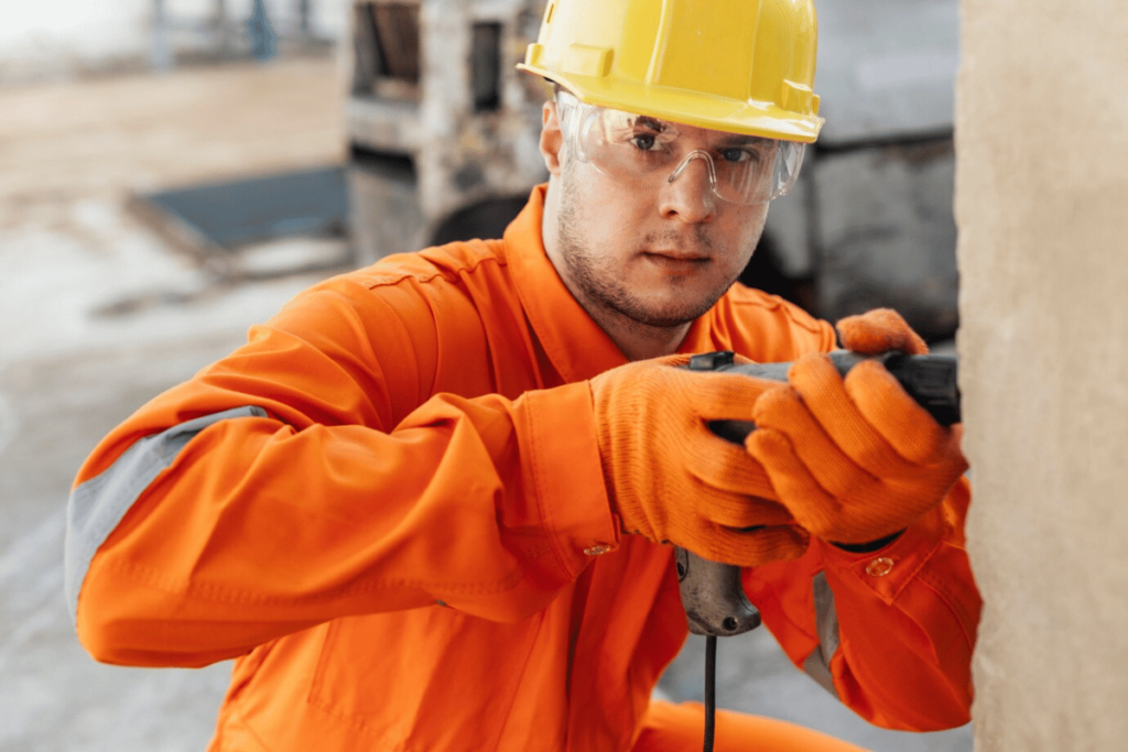 A person in an orange safety suit holding a drill.