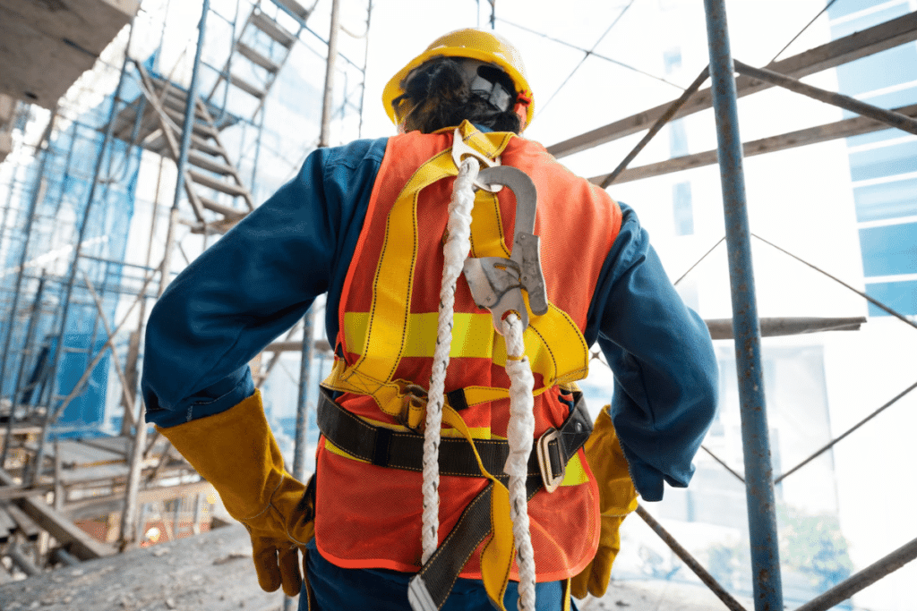 A construction worker wearing safety gear on a construction site.