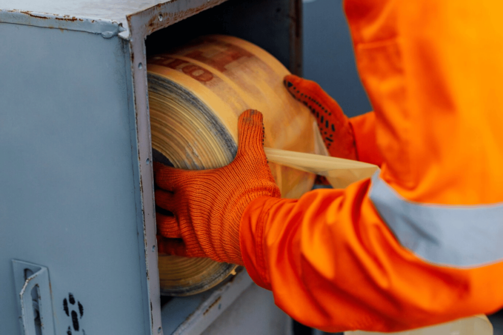 A person in an orange shirt and orange gloves is putting a roll of paper in a machine.
