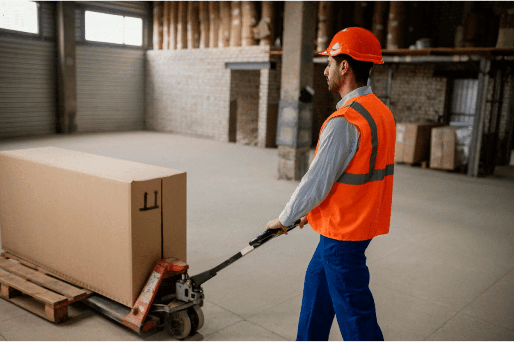 A person in an orange vest is moving boxes in a warehouse.