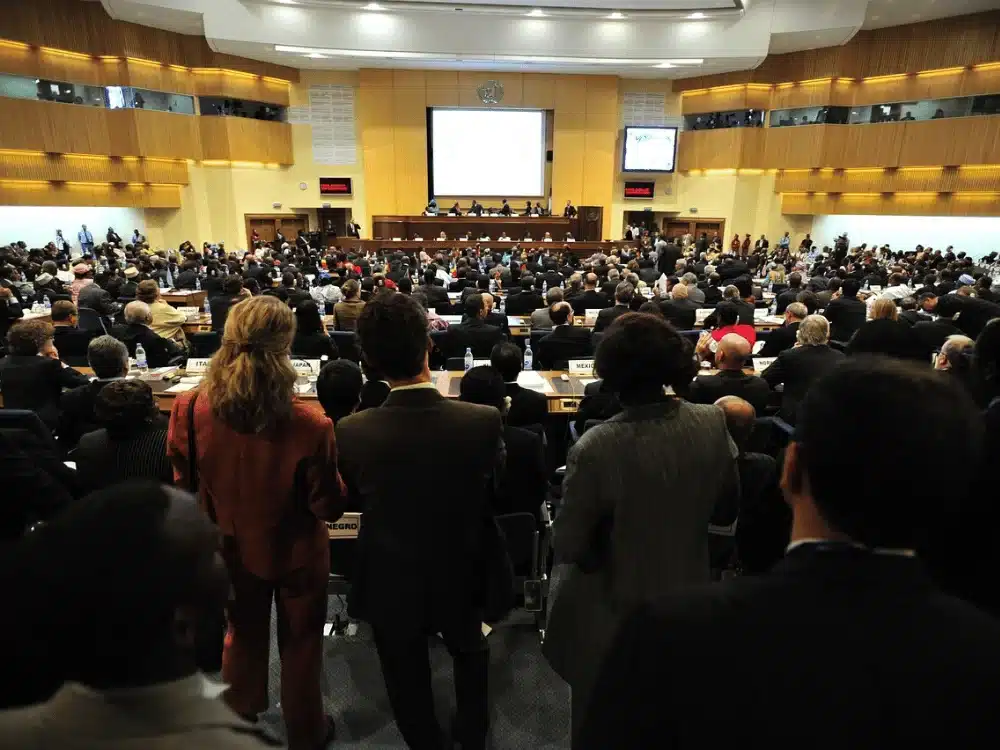 A bustling international conference with delegates seated in a large auditorium.