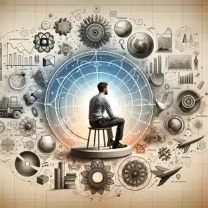 Individual surrounded by information and models, representing the bringing together of information to form appropriate conclusions.