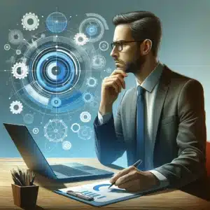 Professional thoughtfully looking at a laptop screen, depicting the recall of events in reflective thinking during the Gibbs description phase.