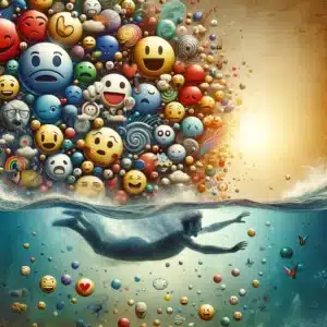Person diving into a sea of emoticons and feelings, symbolising the exploration of emotions in Gibbs' reflective thinking