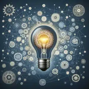 Image that depicts a light bulb with various interconnected gears, symbolising the initiation of a reflective thought process for an article about leadership and self-reflection. 