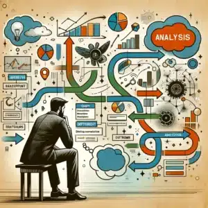 Professional contemplating alternative paths, with visual thought bubbles of different outcomes, in analysis