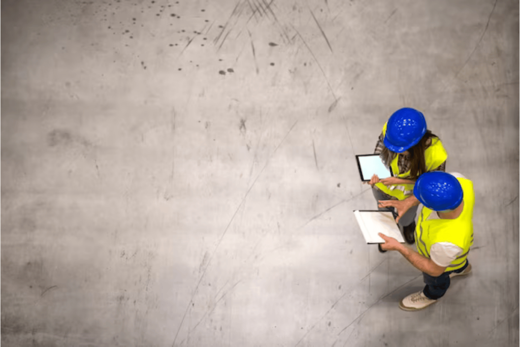 Two construction workers standing on a concrete floor with a tablet.