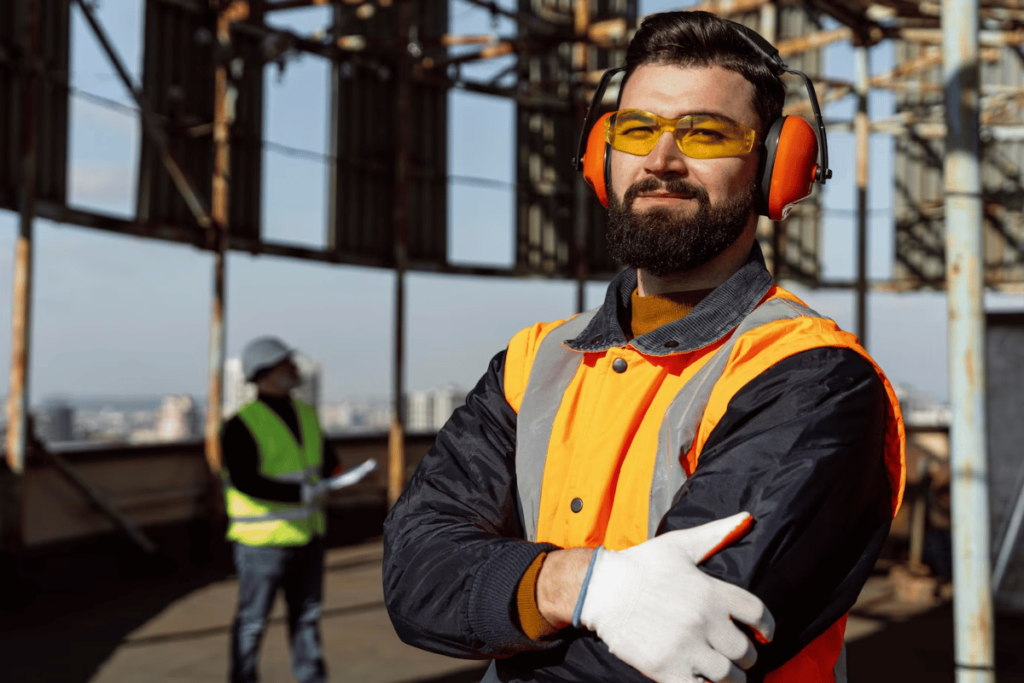 A person wearing an orange vest and safety glasses standing on a construction site.