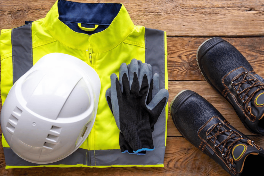 A pair of work boots, gloves and a safety vest on a wooden floor.