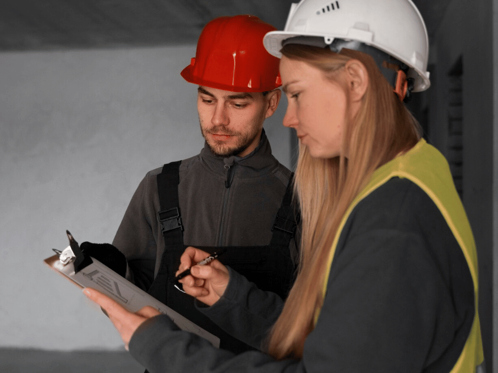A person and another person in hard hats looking at a clipboard.