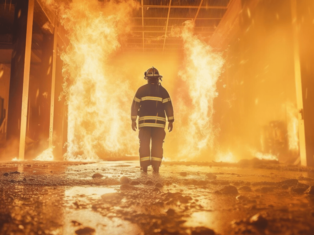 A firefighter standing in a building on fire.