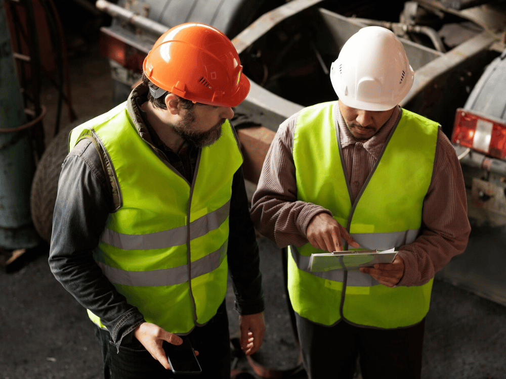 Two individuals in safety vests looking at a tablet.