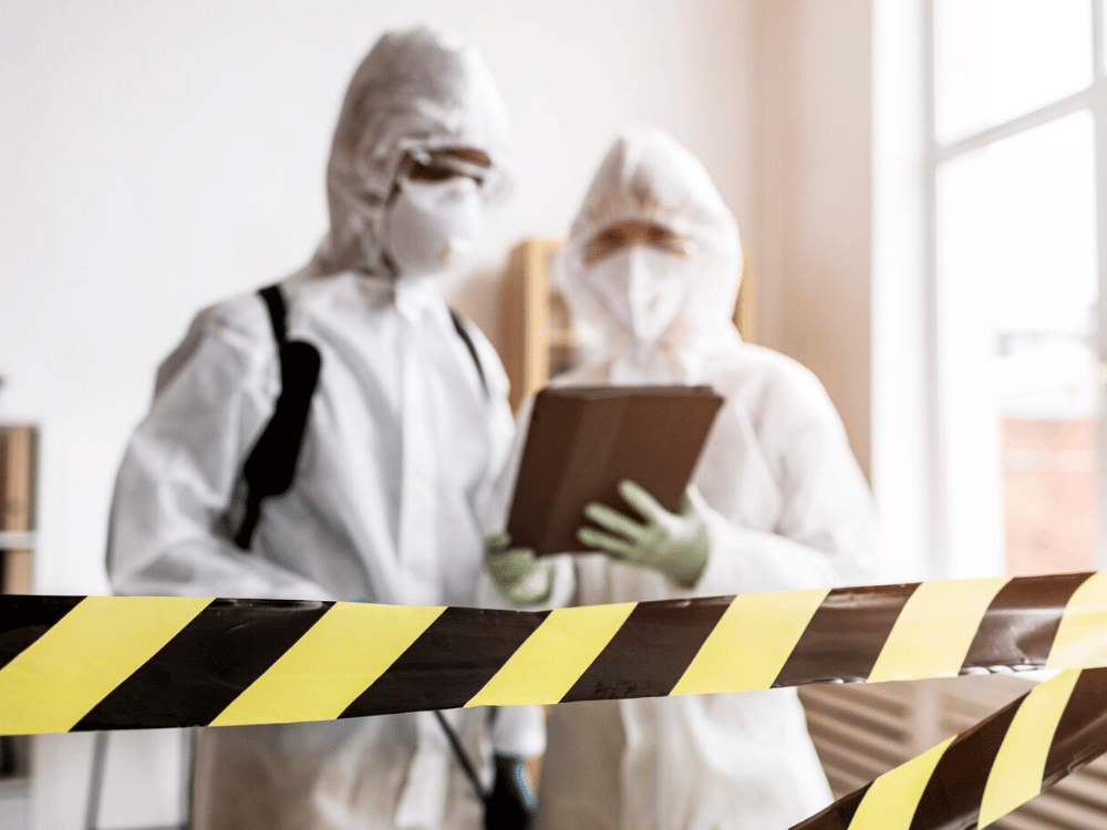 Two people in protective clothing standing in front of caution tape.