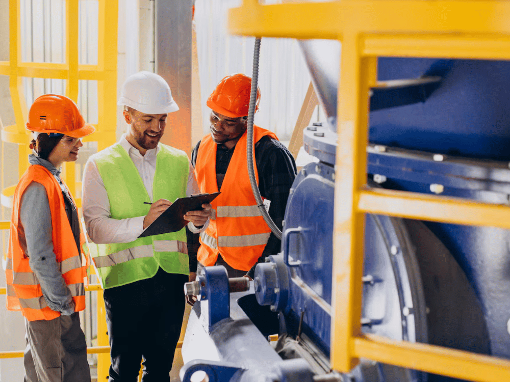 A group of people in hard hats and safety vests looking at something on a clipboard.