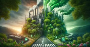 Image showing the concept of greenwashing, showcasing the stark contrast between genuine environmental conservation efforts and deceptive greenwashing practices. The composition highlights the misleading nature of greenwashing, with one side depicting a vibrant, flourishing environment and the other dominated by industrial elements, superficially cloaked in eco-friendly imagery. This visual metaphor encourages viewers to look beyond surface-level claims to understand the true impact of these practices.