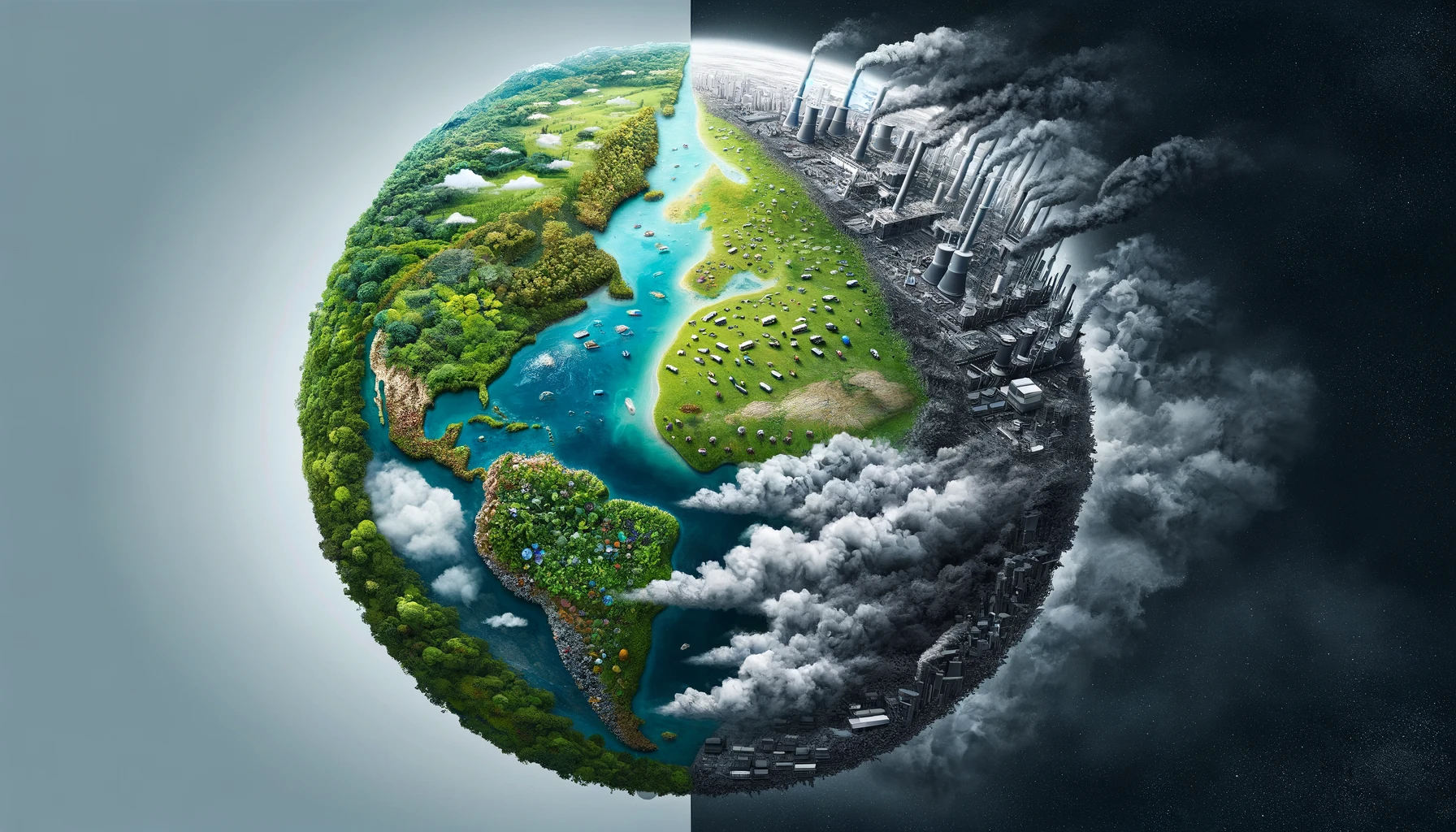 An image of the earth vividly illustrating the contrast between the vibrant, green half symbolising genuine environmental efforts and the grey, polluted half depicting the concept of greenwashing.