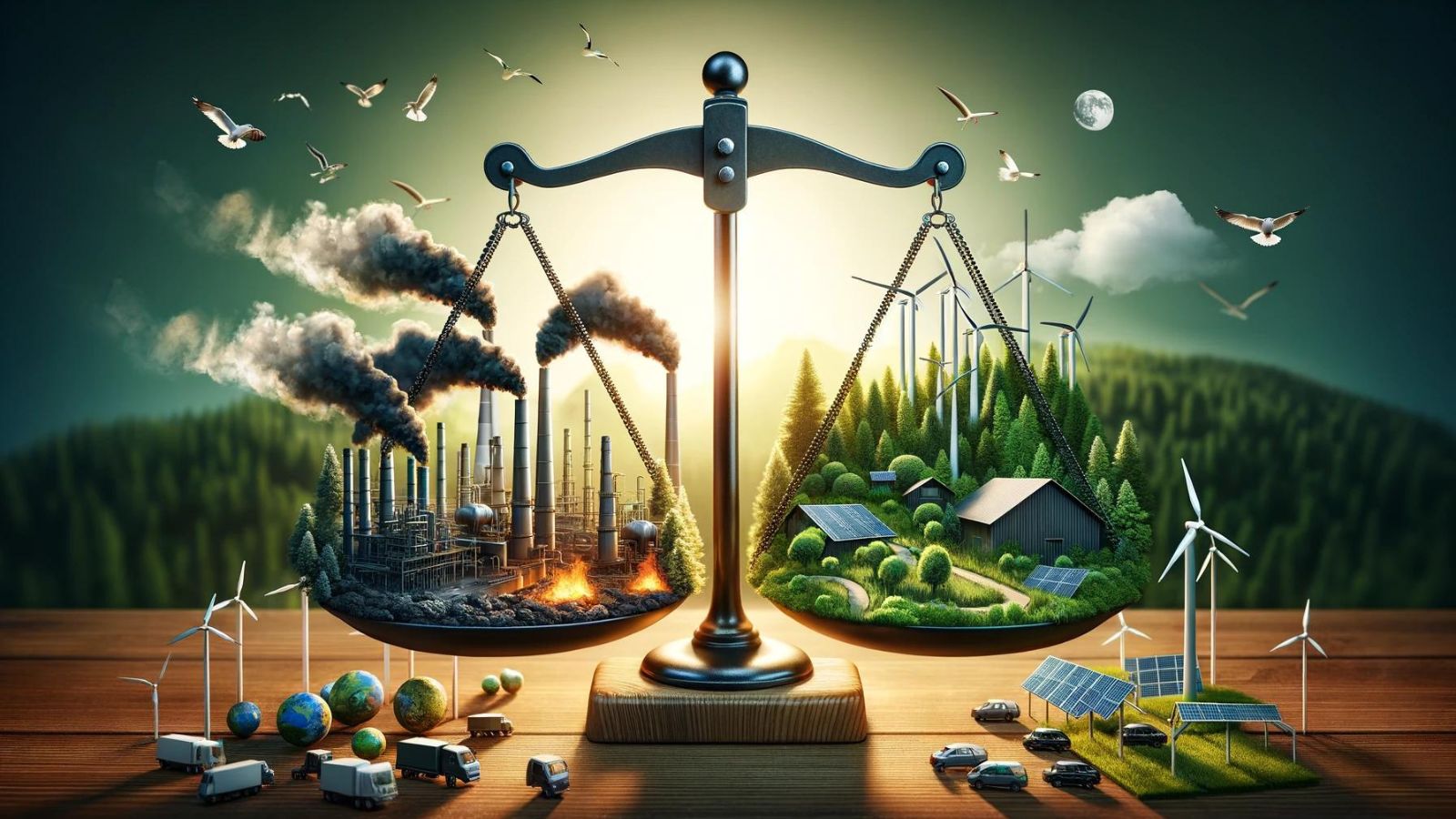 Image symbolising the concept of carbon offsetting, featuring a balanced scale that visually depicts the effort to balance carbon emissions with compensatory actions. One side shows industrial activities emitting smoke, while the other features a lush forest alongside wind turbines and solar panels, conveying the investment in environmental projects to achieve net-zero emissions and highlight the significance of sustainable practices in combating climate change.