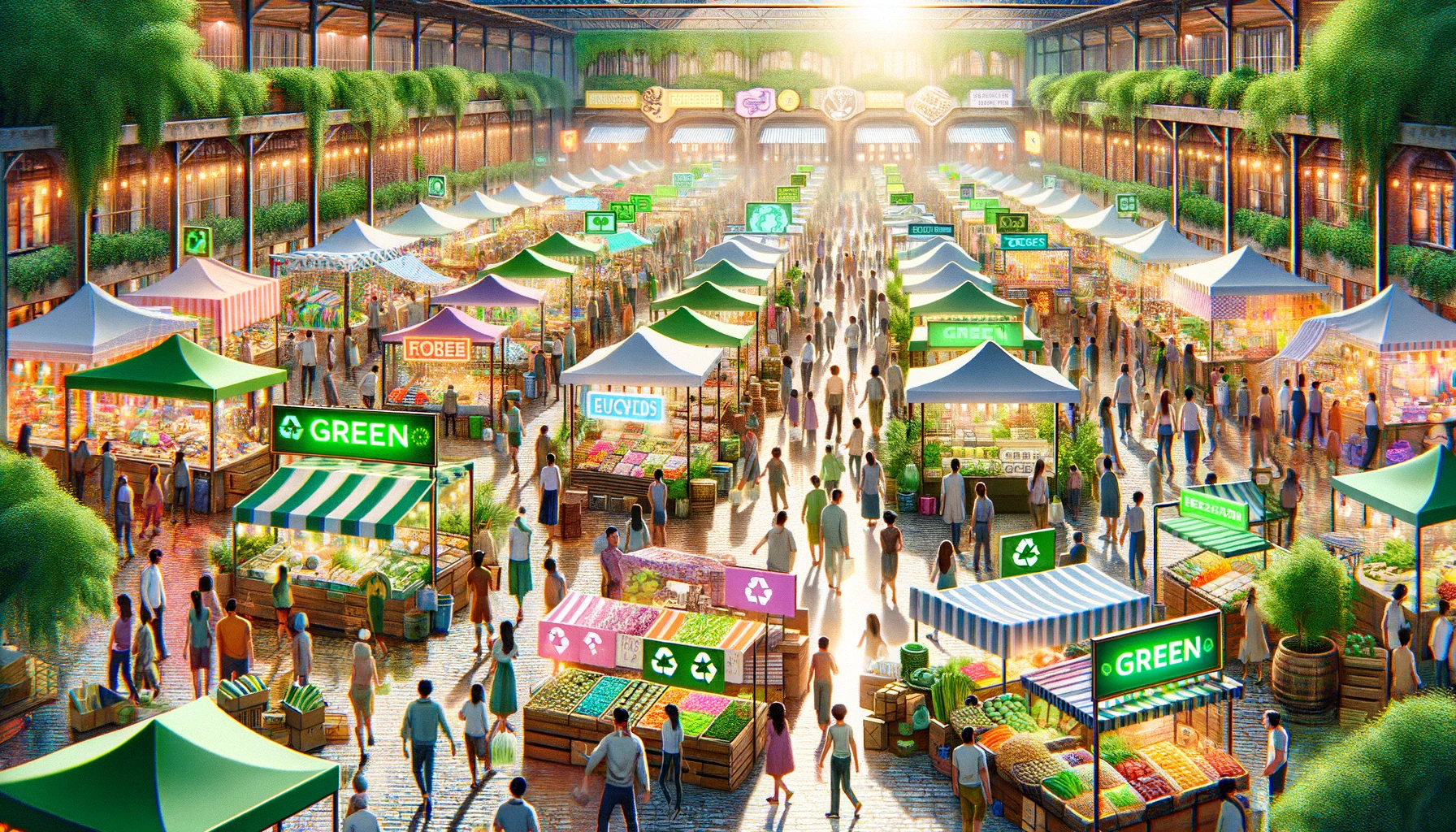 This image highlights why companies greenwash. It brings to life a bustling, vibrant marketplace, brimming with "green" and "sustainable" products, reflecting the strong consumer demand for eco-friendly goods. The scene captures the essence of a modern, conscious consumer culture that prioritizes sustainability and environmental responsibility.