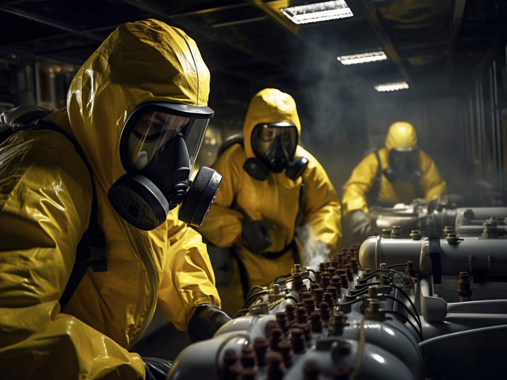 A group of individuals wearing protective suits and gas masks.