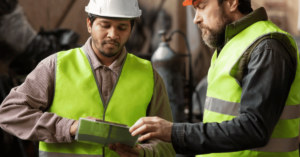 Two men in safety vests looking at a tablet, discussing construction plans on a job site.