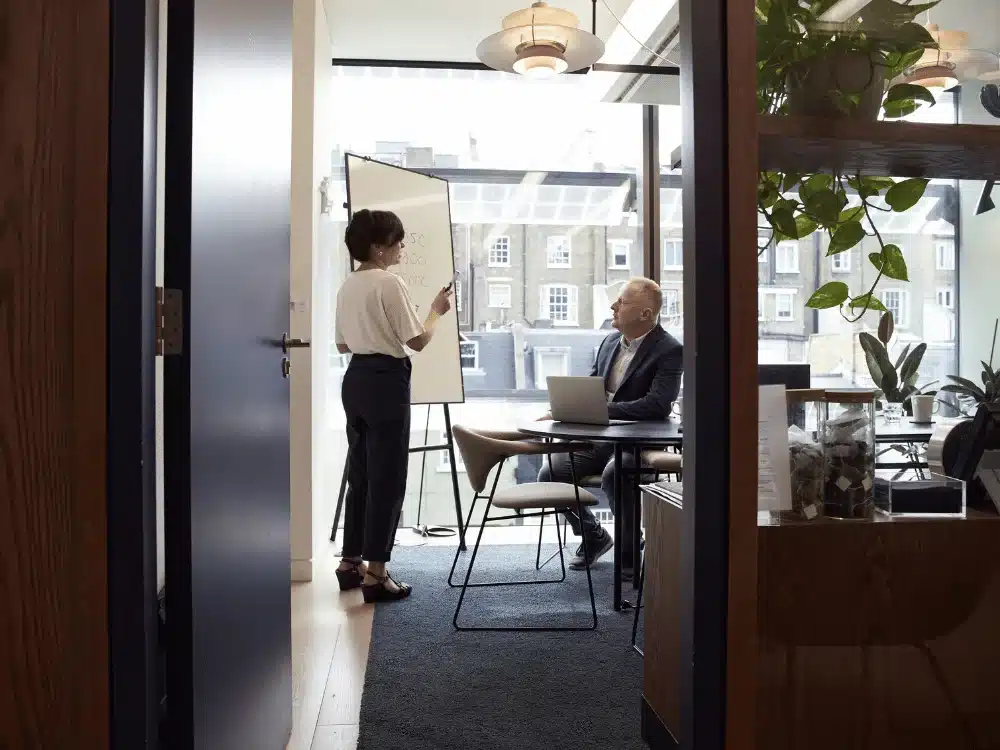 Businesswoman giving a presentation to a colleague in a modern office with large windows.