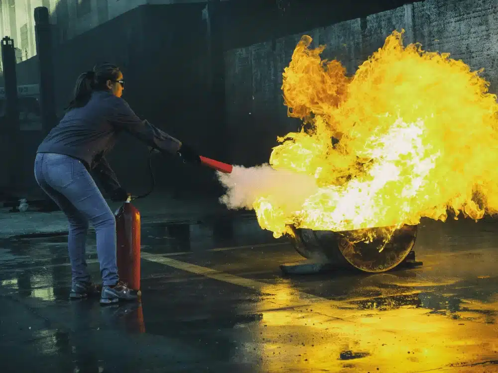 Fire safety exercise with participant extinguishing a bright fire.