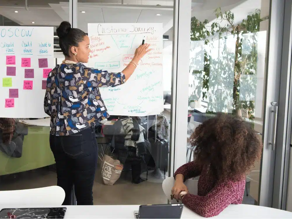 Professional woman explaining customer journey steps on a whiteboard to a colleague.