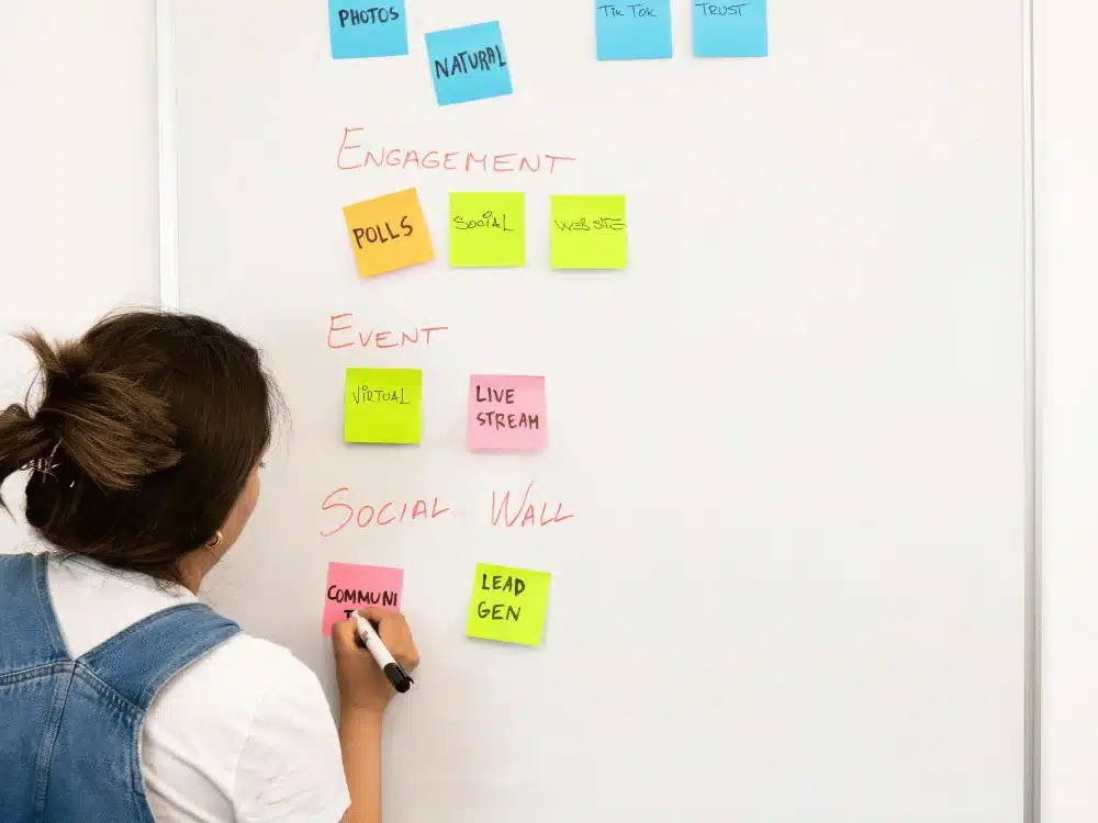 Woman creating marketing strategy with sticky notes on whiteboard.